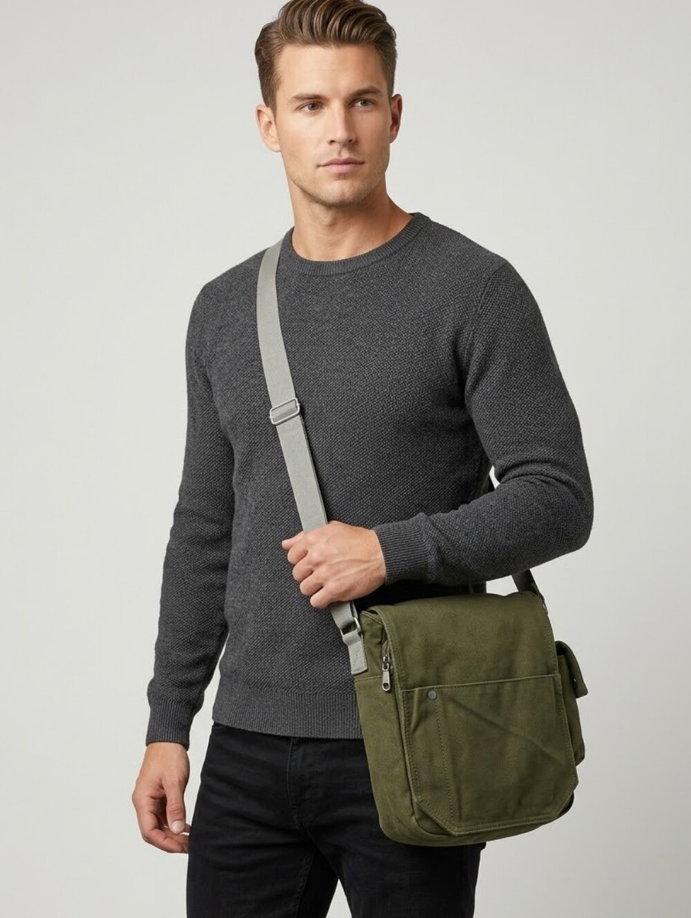 MEC Military Green Men's Canvas Messenger Bag with Adjustable Shoulder Strap